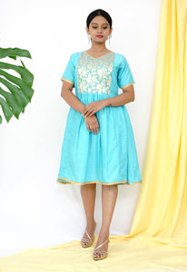 Blue Festive Dress With Brocade Bodice & Gold Details